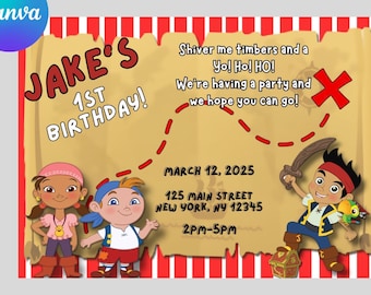 May include: A pirate-themed birthday party invitation with the text "Jake's 1st Birthday!" and cartoon illustrations of pirate characters. The invitation includes the date, time, and location of the party.