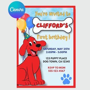 Pode incluir: Convite de aniversário vermelho e branco com Clifford, o Grande Cão Vermelho, balões e o texto "You're invited to Clifford's First Birthday!". O convite é emoldurado em vermelho, com um logotipo Canva.