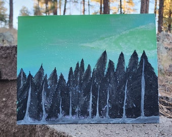 May include: A painting depicting a forest scene with a green and blue sky and a row of dark trees in the foreground.
