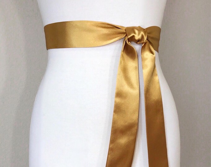 Narrow Antique Gold Satin Sash, Dark Gold Sash Belt, Gold Wedding Dress Sash, Special Occasion Dress Sash, Burnished Gold Sash, Satin Swank