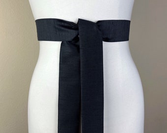 Narrow Textured Black Sash Belt, Black Dupioni Sash, Black Dress Sash, Dupioni Fabric Belt, Black Wedding Sash, Cocktail Dress, Satin Swank