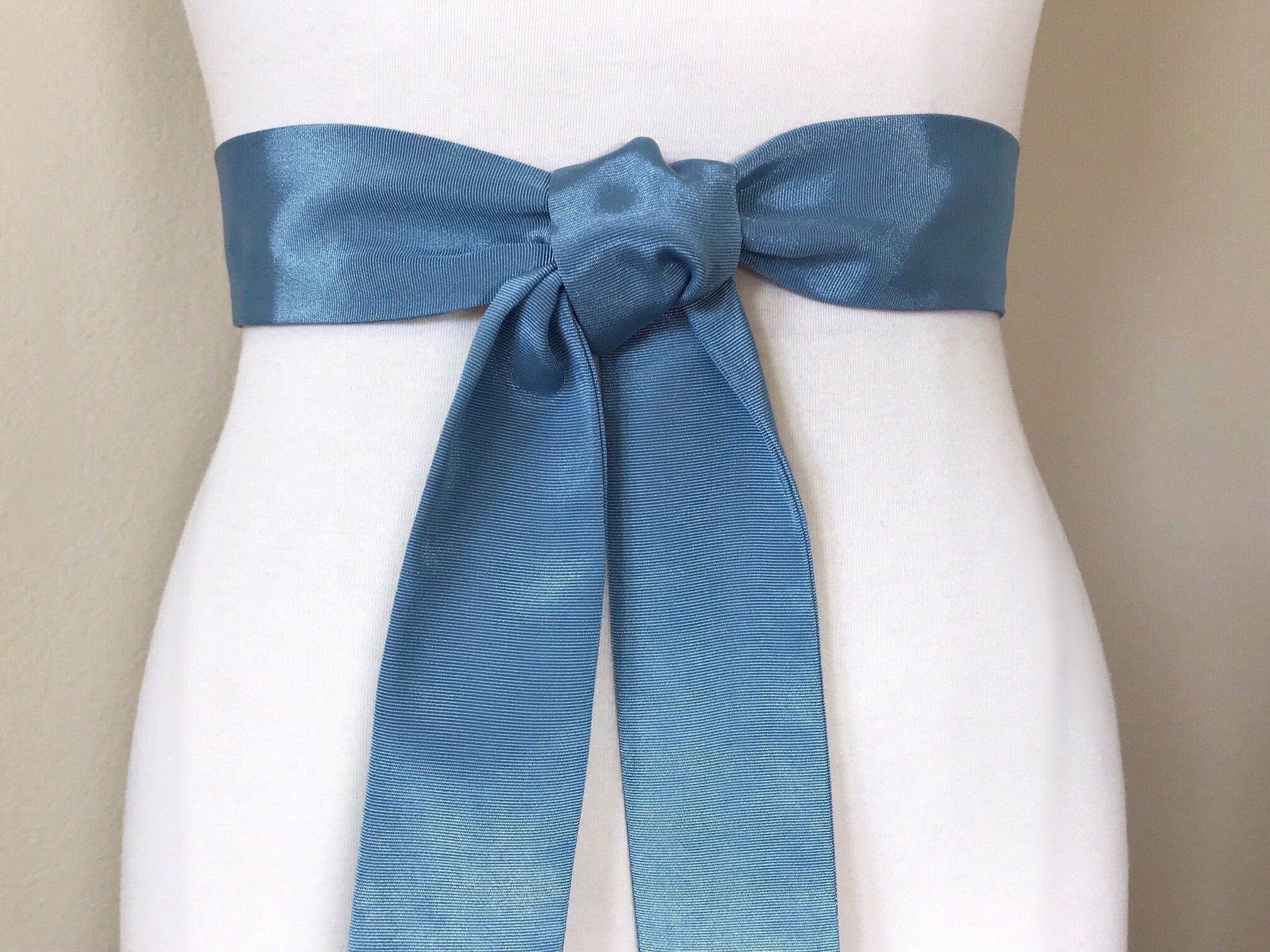 Narrow Smoke Blue Satin Sash Ribbed Smoke Blue Sash Belt
