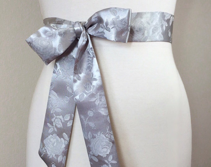 Silver Satin Sash in Rose Jacquard, Silver Rose Sash, Brocade Silver Sash, Wedding Dress Sash, Bridesmaid Sash, Silver Wedding, Satin Swank