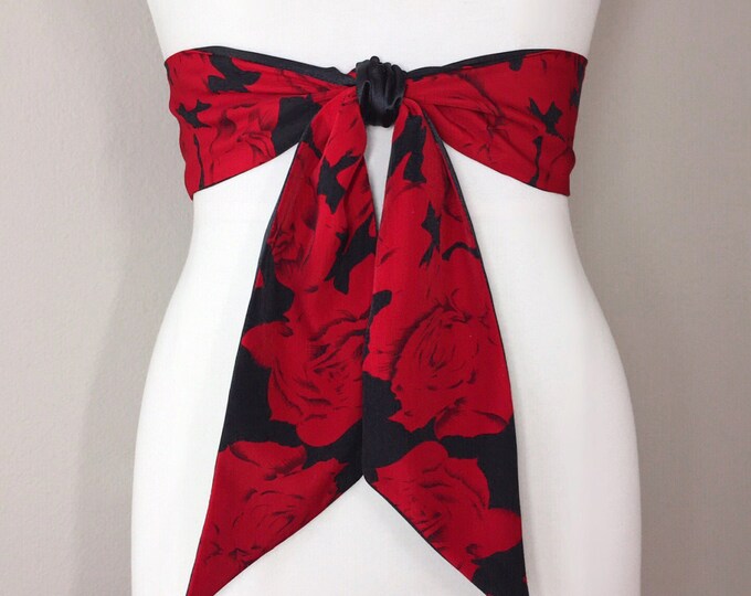 Wide Red Rose Sash Belt Reverses to Solid Black Sash, Black & Red Sash, Red and Black Floral Sash, Red Floral, Red Rose Belt, Satin Swank