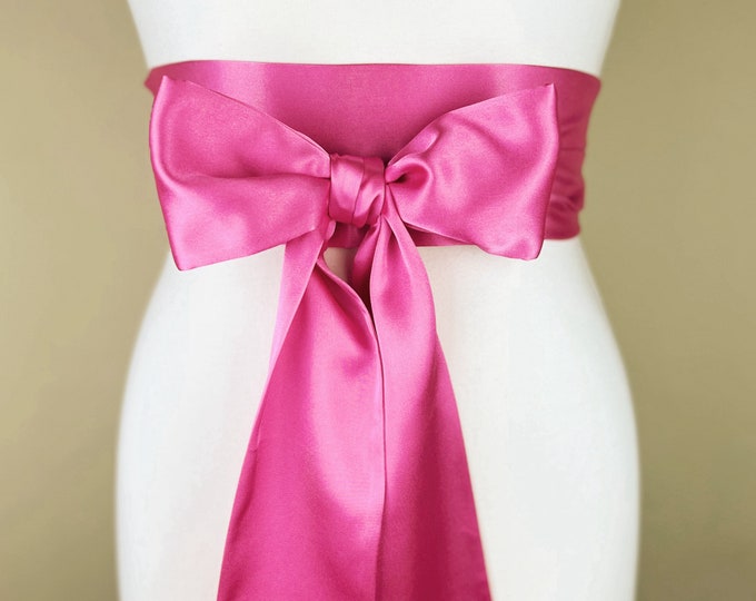 Azalea Pink Sash, Deep Pink Satin Sash, Extra Long Sash Belt, Obi Sash, Dark Pink Wedding Dress Sash, Pink Bridesmaid Sash, Satin Swank