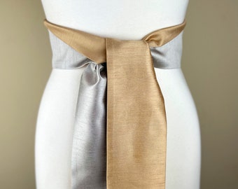 Wide Textured Gold & Silver Sash Belt, Silver and Gold Dupioni Sash, Two-Tone Dress Sash, Fabric Belt, Silver Gold Wedding, Satin Swank