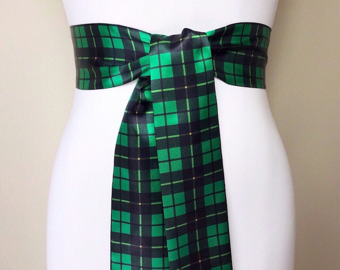 Wallace Tartan Sash, Green & Black Tartan Sash Belt, Wallace Hunting Tartan, Green Plaid Sash, Scottish Clan Wallace Tartan, Satin Swank