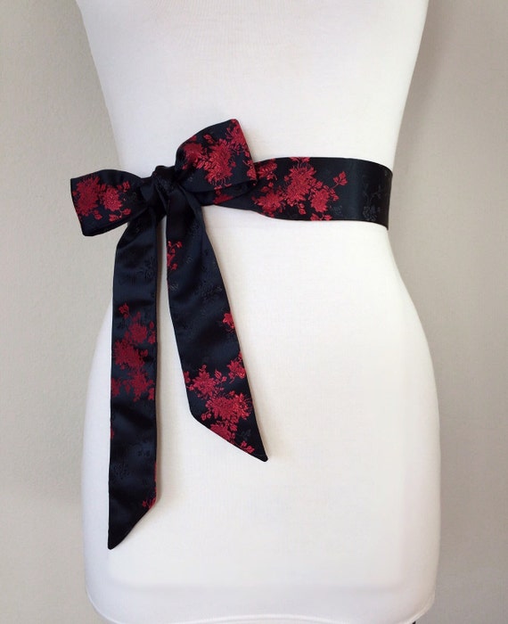 Black & Red Asian Brocade Sash, Red and Black Floral Sash in Satin