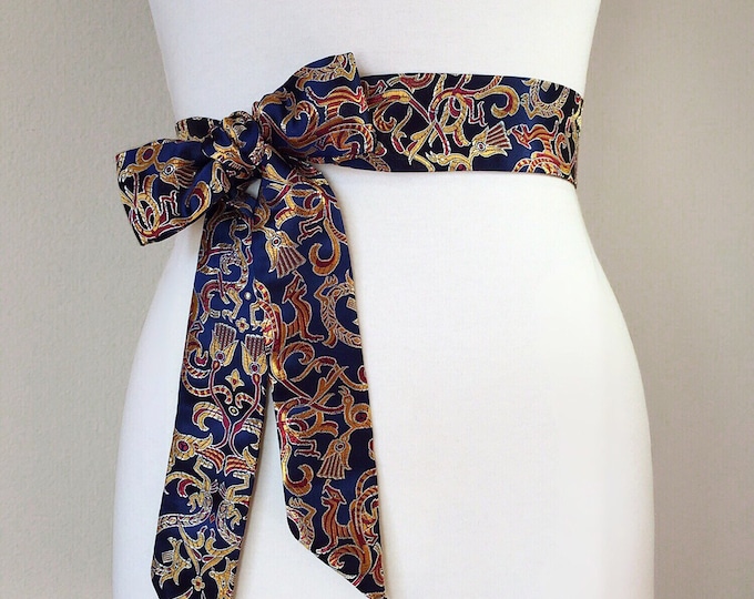 Midnight Blue Sash in Asian Brocade, Navy & Gold Chinese Brocade Sash, Obi Belt, Kimono Sash Belt in Midnight Navy, Red and Gold, SatinSwank