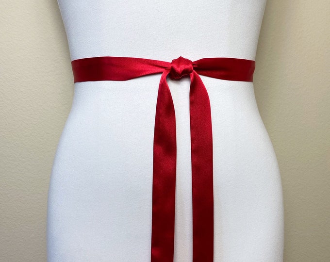 Extra Narrow Crimson Red Sash, Skinny Sash Belt, Red Satin Sash Belt, Skinny Red Sash, Satin Red Belt, Crimson Red Narrow Sash, Satin Swank