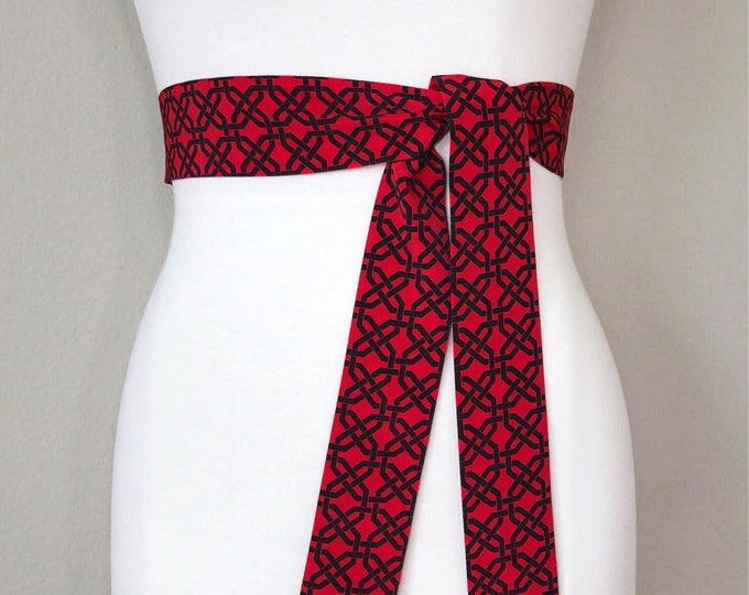 Narrow Red & Black Sash, Black and Red Print Sash, Geometric Print Sash, Red Sash Belt, Narrow Sash Belt, Black and Red Sash, Satin Swank