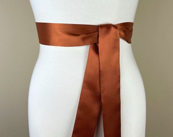 Narrow Burnt Orange Sash, Burnt Orange Satin Sash, Burnt Orange Wedding Dress Sash, Rust Bridal Sash, Rust Wedding Gown Sash, Satin Swank