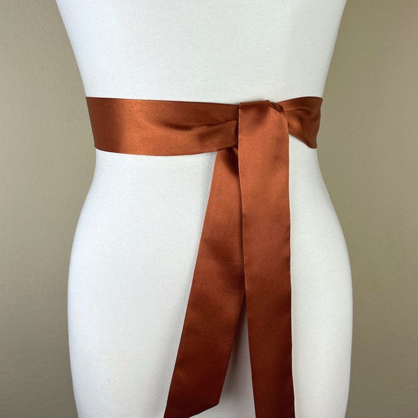 Narrow Burnt Orange Sash, Burnt Orange Satin Sash, Burnt Orange Wedding Dress Sash, Rust Bridal Sash, Rust Wedding Gown Sash, Satin Swank