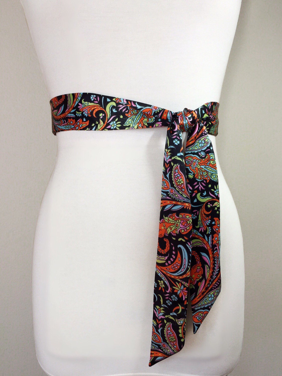 Narrow Black Floral Sash, Black Satin Sash, Flourish Print Sash, Dress