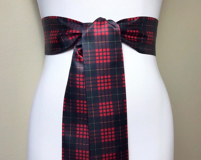 MacQueen Tartan Sash, Scottish Tartan Belt, Red & Black Plaid Sash Belt, Clan MacQueen Tartan Accessories, Red Black Satin Sash, Satin Swank