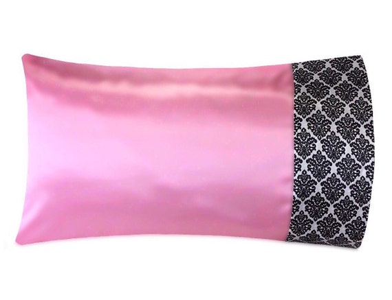 Cotton Candy Pink & Black Damask Satin Pillowcase, Damask Pink Satin Pillow Case, Pink Black Bedding, Black Pink Paris Bedding, Satin Swank