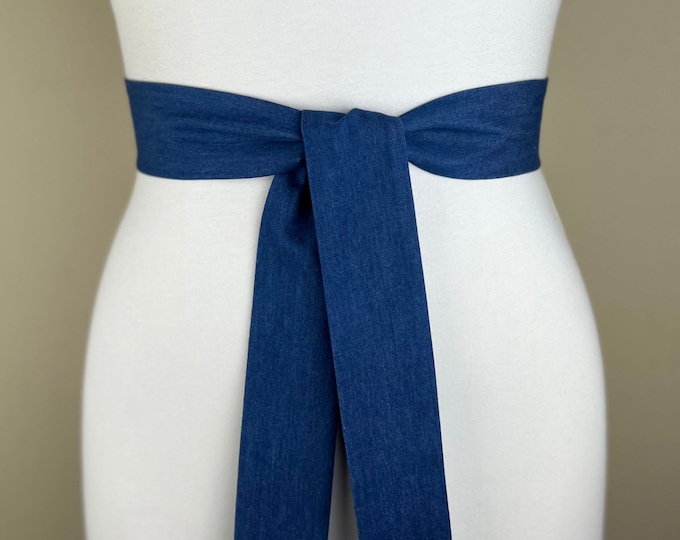 Narrow Denim Sash, Medium Wash Denim Sash, Denim Belt, Denim Accessories, Indigo Sash Belt, Indigo Accessories, Denim Belt, Satin Swank