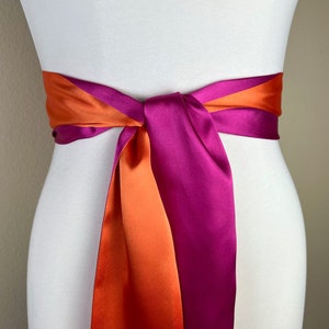 Color Block Pink & Orange Satin Sash, Wide Orange Pink Sash Belt, Pink Satin Sash, Color Block Dress Sash, Orange Satin Sash, Satin Swank image 3