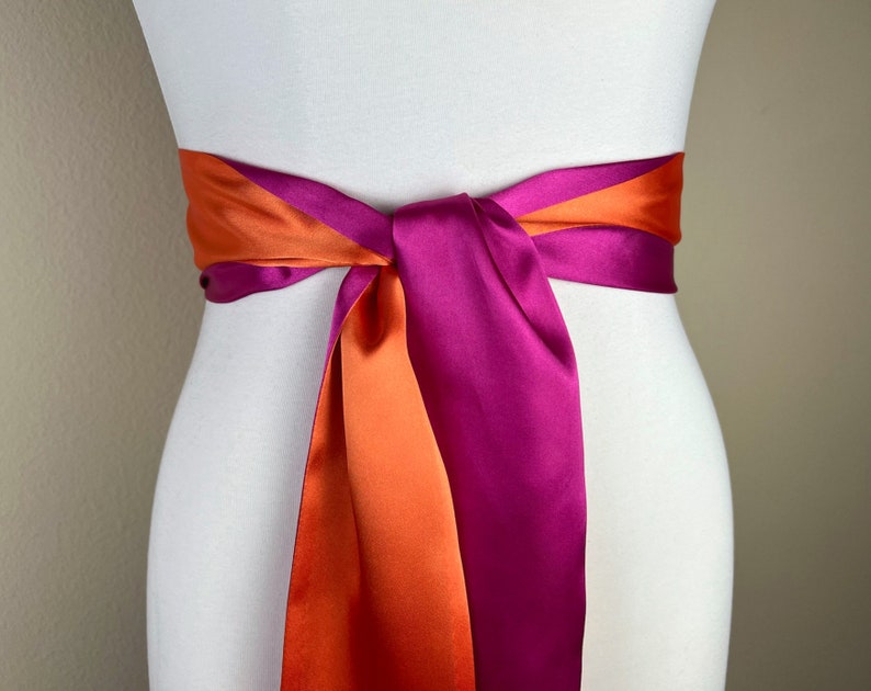 Color Block Pink & Orange Satin Sash, Wide Orange Pink Sash Belt, Pink Satin Sash, Color Block Dress Sash, Orange Satin Sash, Satin Swank image 3