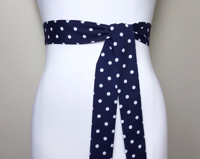 Narrow Navy Polka Dot Sash, Navy & White Sash Belt, Navy Dot Sash, White Dot on Navy Sash, Navy Dress Sash, Navy White Print, Satin Swank