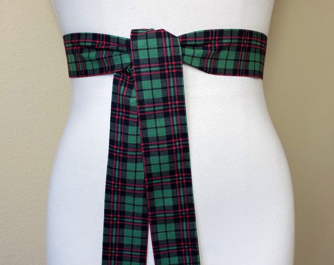 Narrow Green & Red Plaid Sash, Christmas Plaid Sash Belt, Red Green Tartan Sash, Green Plaid Sash Belt, Christmas Tartan Sash, Satin Swank