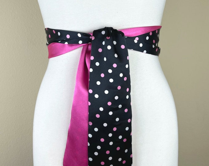 Wide Black & Pink Polka Dot Sash, Pink + Black Satin Sash, Pink Polka Dot Sash Belt, Print Sash Belt Reverses to Solid Pink Sash Satin Swank