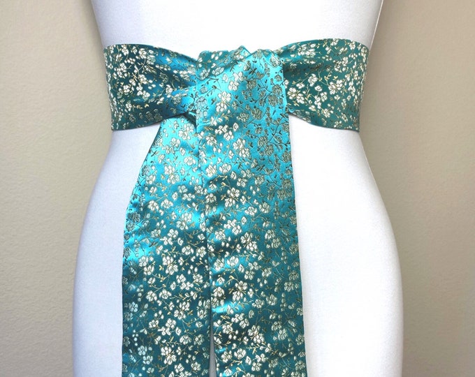 Wide Aqua Floral Sash in Asian Brocade, Floral Sash in Aqua & Gold, Chinese Brocade Belt, Aqua Obi Belt, Gold Floral Kimono Sash Satin Swank