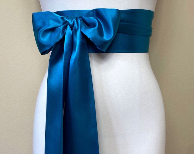 Peacock Blue Sash, Deep Blue Satin Sash, Extra Long Sash Belt, Blue Obi Sash, Peacock Blue Wedding Dress Sash, Blue Bridesmaid, Satin Swank