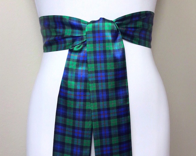 MacKenzie Tartan Sash, Scottish Tartan Belt, Green & Blue Plaid Sash Belt, Clan MacKenzie Tartan Accessories, Green Plaid Sash, Satin Swank