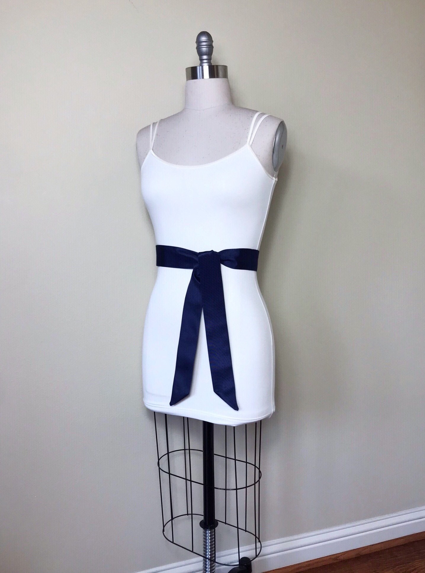 Ribbed Navy Blue Sash Belt, Narrow Navy Satin Sash, Navy Dress Sash