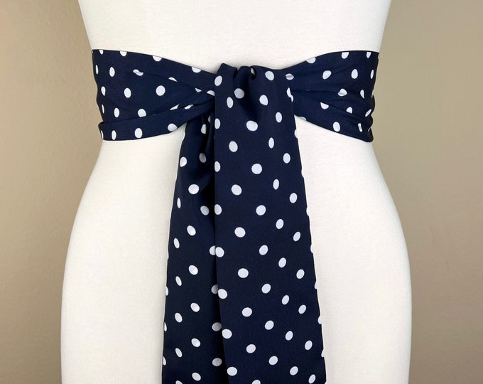 Wide Navy Polka Dot Sash, Dark Navy & White Sash Belt, Navy Dot Sash, White Dot on Navy Sash, Navy Dress Sash, Polka Dot Belt, Satin Swank