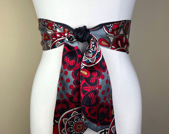 Medallion Print Sash in Red, Black & Gray, Bohemian Sash Belt, Black and Red Print Satin Sash Belt, Boho Accessories, Satin Swank