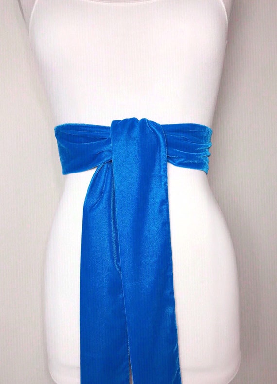Azure Velvet Sash Belt Azure Blue Dress 