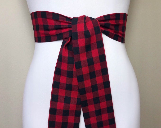 Wide Buffalo Plaid Sash, Red & Black Plaid Sash Belt, Red and Black Checkered Sash, Black Red Plaid Sash Belt, Buffalo Check, Satin Swank