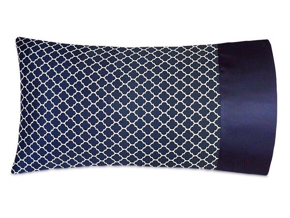 Navy Quatrefoil Satin Pillowcase, Navy Satin Pillow Case, White & Navy Bedding, Lattice Print Bedding, Tile Navy Pillowcase, Satin Swank