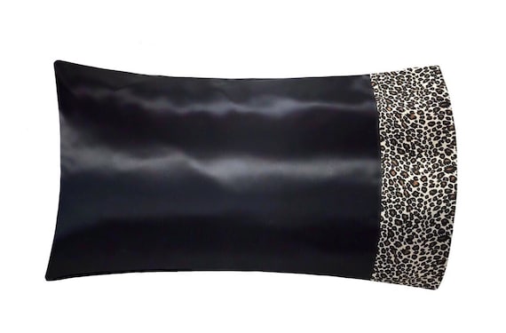 Black & Leopard Satin Pillowcase, Black Satin Pillow Case, Boutique Bedding, Luxury Satin Pillow Case, Standard, Queen or King, Satin Swank
