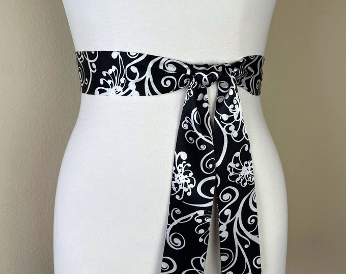 Narrow Black & White Sash Belt, Printed White and Black Satin Sash, Black White Satin Sash, Satin Sash Belt, Black Dress Sash, Satin Swank