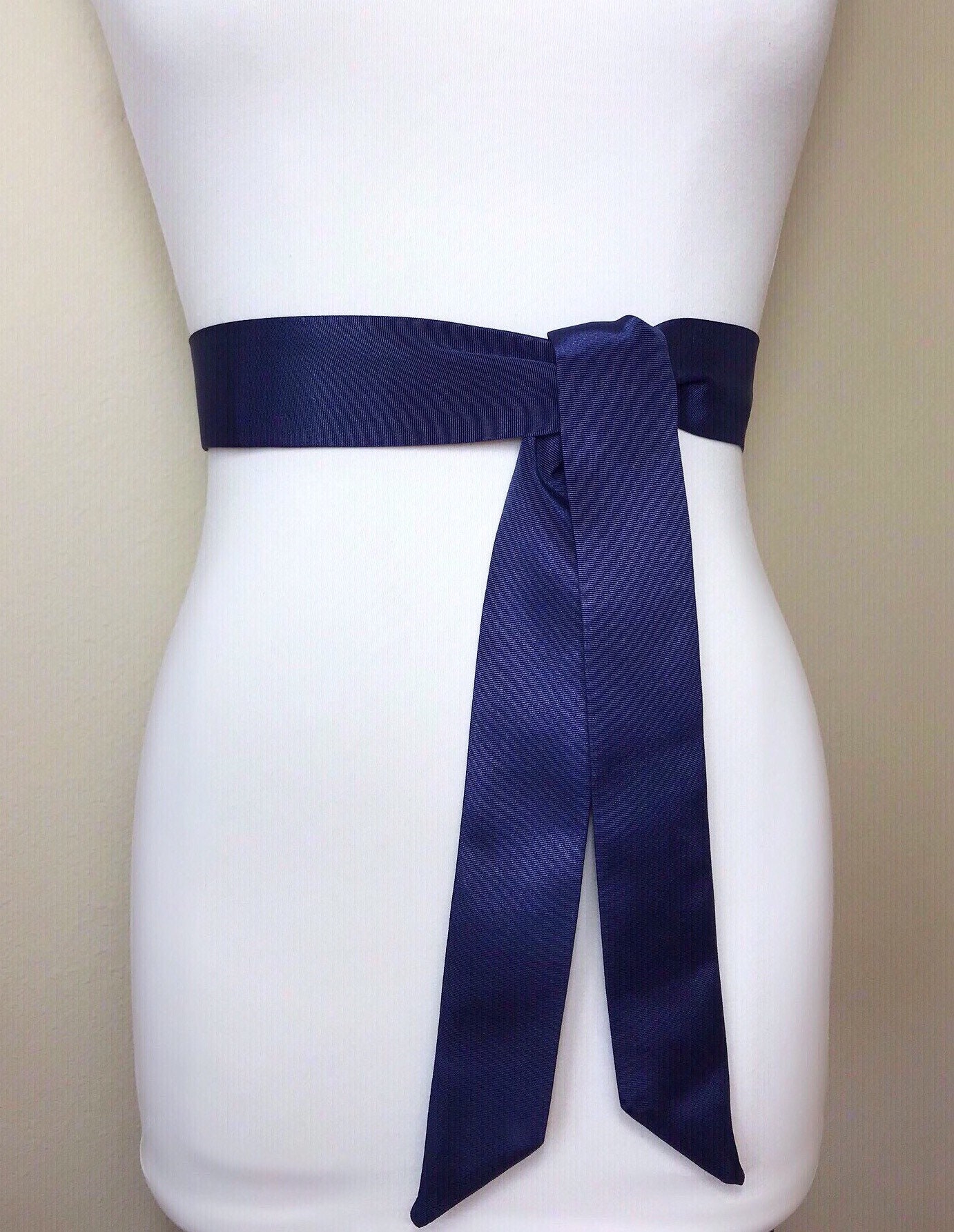 Ribbed Navy Blue Sash Belt, Narrow Navy Satin Sash, Navy Dress Sash