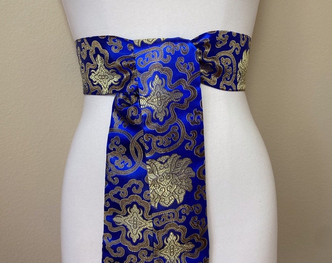 Wide Royal Blue & Gold Chinese Brocade Sash, Blue Brocade Sash Belt, Gold Obi Belt, Kimono Sash Belt, Kimono Belt, Asian Blue, Satin Swank