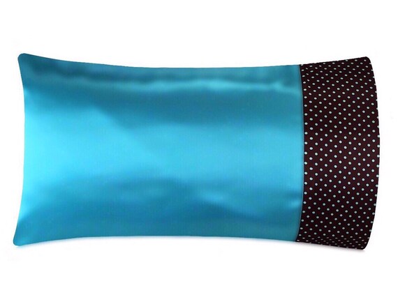 Aqua & Brown Satin Pillowcase, Aqua Satin Pillow Case, Polka Dot Bedding, Aqua Pillow Case, Blue Brown Bedding, Aqua Polka Dot, Satin Swank
