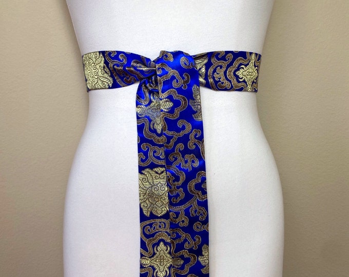 Narrow Blue & Gold Chinese Brocade Sash, Gold and Blue Brocade Sash Belt, Blue Gold Obi Belt, Kimono Sash Belt, Asian Brocade, Satin Swank