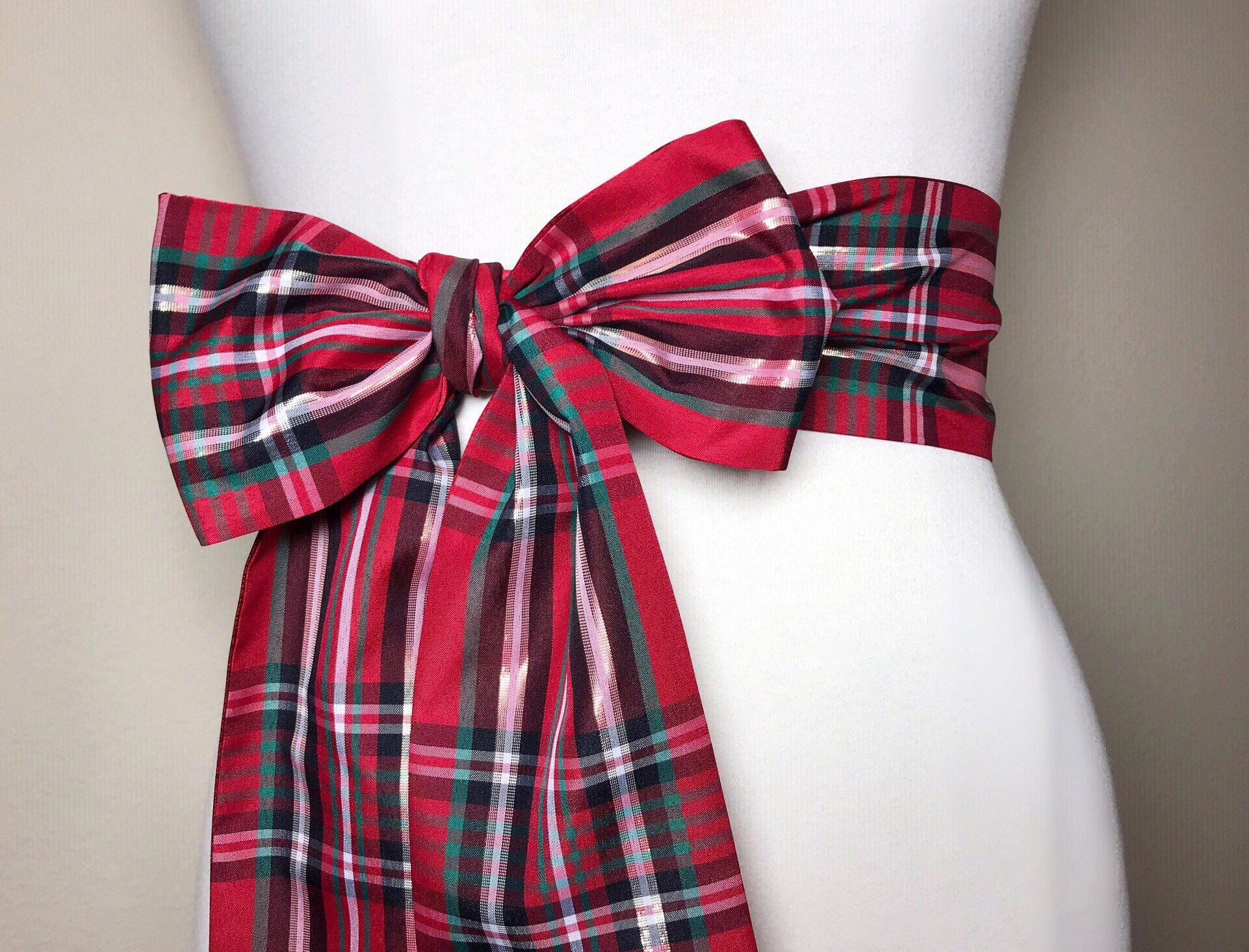 Christmas Plaid Taffeta Sash, Red, Green & Gold Tartan Sash, Christmas