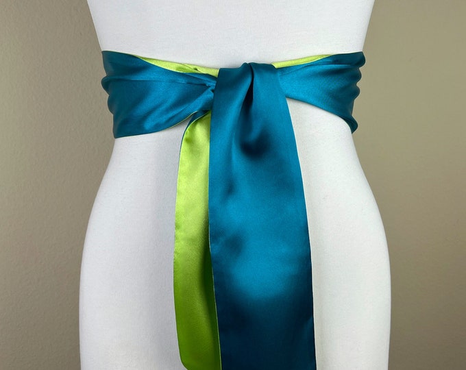 Color Block Teal & Lime Green Satin Sash, Wide Teal Sash Belt, Wide Lime Green Sash, Green Blue Sash Belt, Color Block Sash Belt Satin Swank