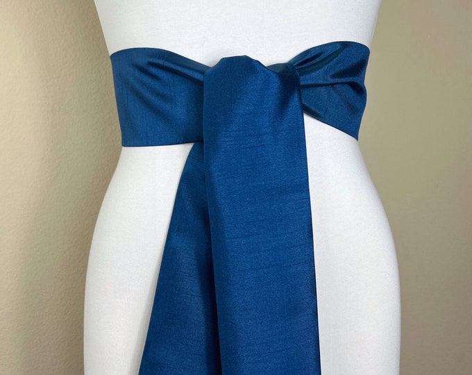 Wide Textured Deep Sea Blue Sash Belt, Dark Blue Dupioni Sash, Blue Dress Sash, Dupioni Fabric Belt, Blue Wedding & Bridesmaid, Satin Swank