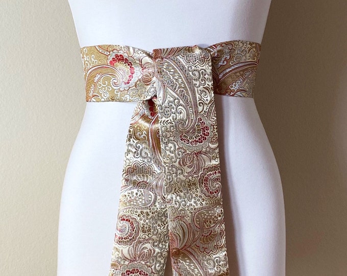 Wide Gold & Red Chinese Brocade Sash, Red and Gold Brocade Sash Belt, Red and Gold Obi Belt, Kimono Sash Belt, Asian Brocade, Satin Swank