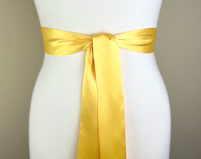 Narrow Sunny Yellow Sash, Yellow Satin Sash Belt, Yellow Dress Sash, Yellow Wedding Dress Sash, Yellow Bridesmaid Dress Sash, Satin Swank