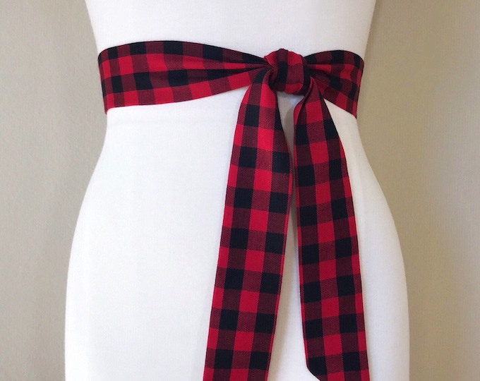 Narrow Buffalo Plaid Sash, Red & Black Buffalo Plaid Sash Belt, Red and Black Checkered Sash, Black and Red Plaid Sash Belt, Satin Swank