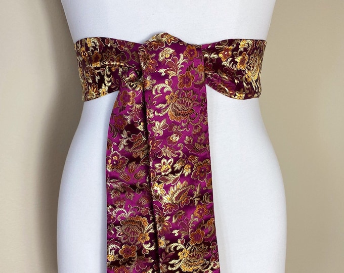 Wide Plum & Gold Chinese Brocade Sash, Plum and Gold Brocade Sash Belt, Gold and Plum Obi Belt, Kimono Sash Belt, Asian Brocade, Satin Swank