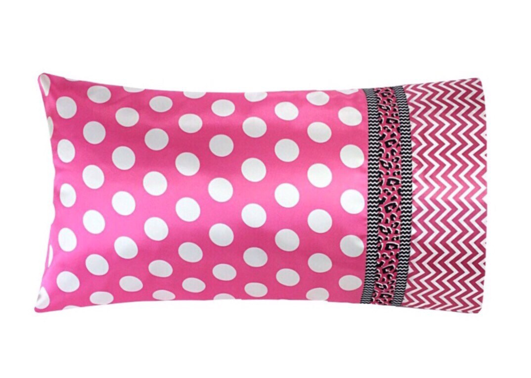 Bright Pink Polka Dot Satin Pillow Case, Pink Chevron