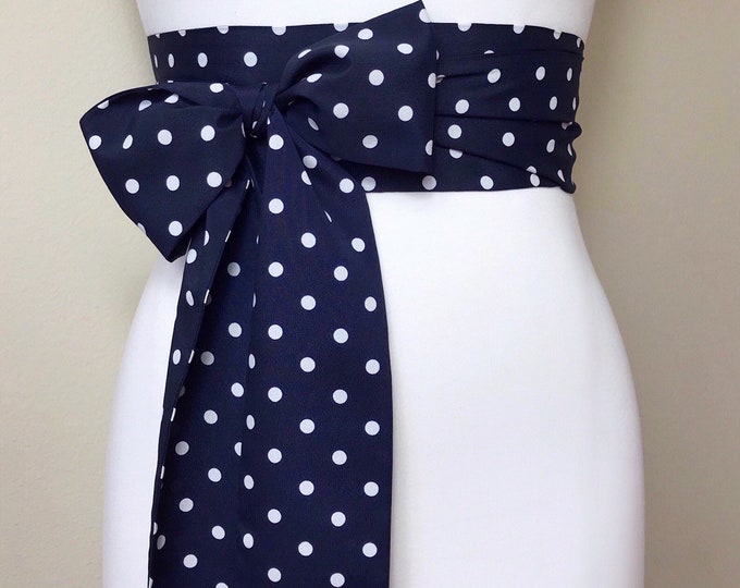 Extra Long Navy & White Polka Dot Sash, Navy Dot Sash Belt, White and Navy Polka Dot Sash, Dress Sash, Polka Dot Accessories, Satin Swank